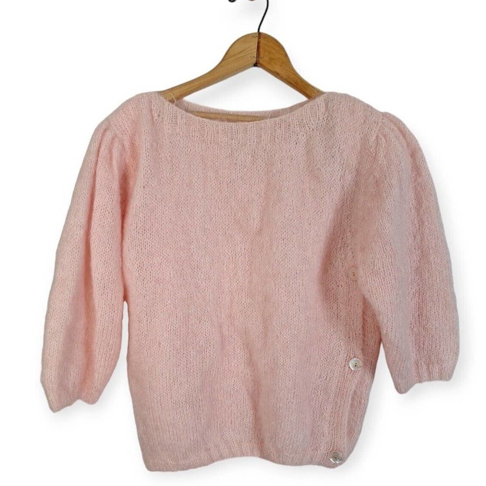 Vintage 80s Pink Mohair Sweater Medium Puff Slevees